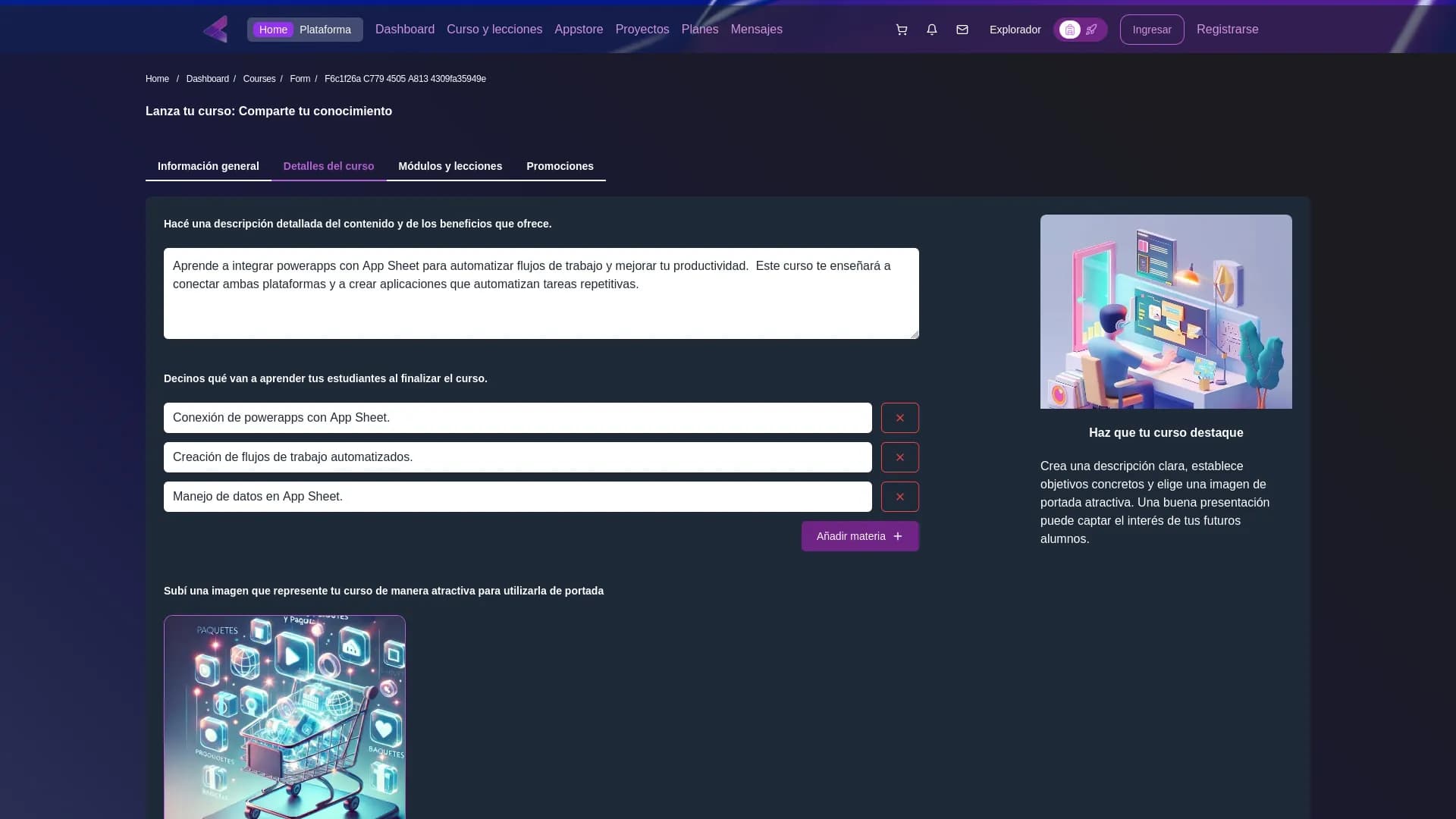 View of the second step "details" from the course creation form.