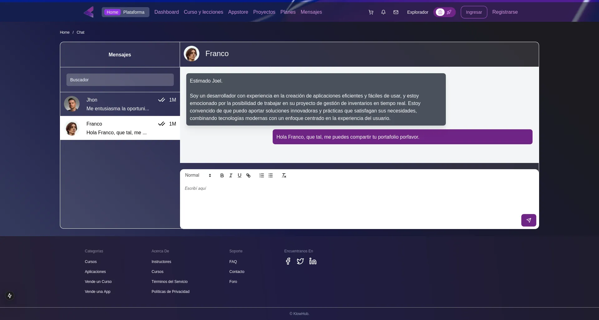 View of the chat section for projects.